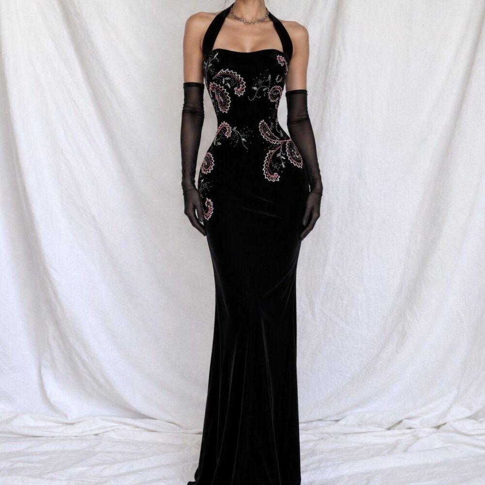 Vintage Black Velvet Halter Beaded Maxi Bodycon Formal Prom Dress Size M